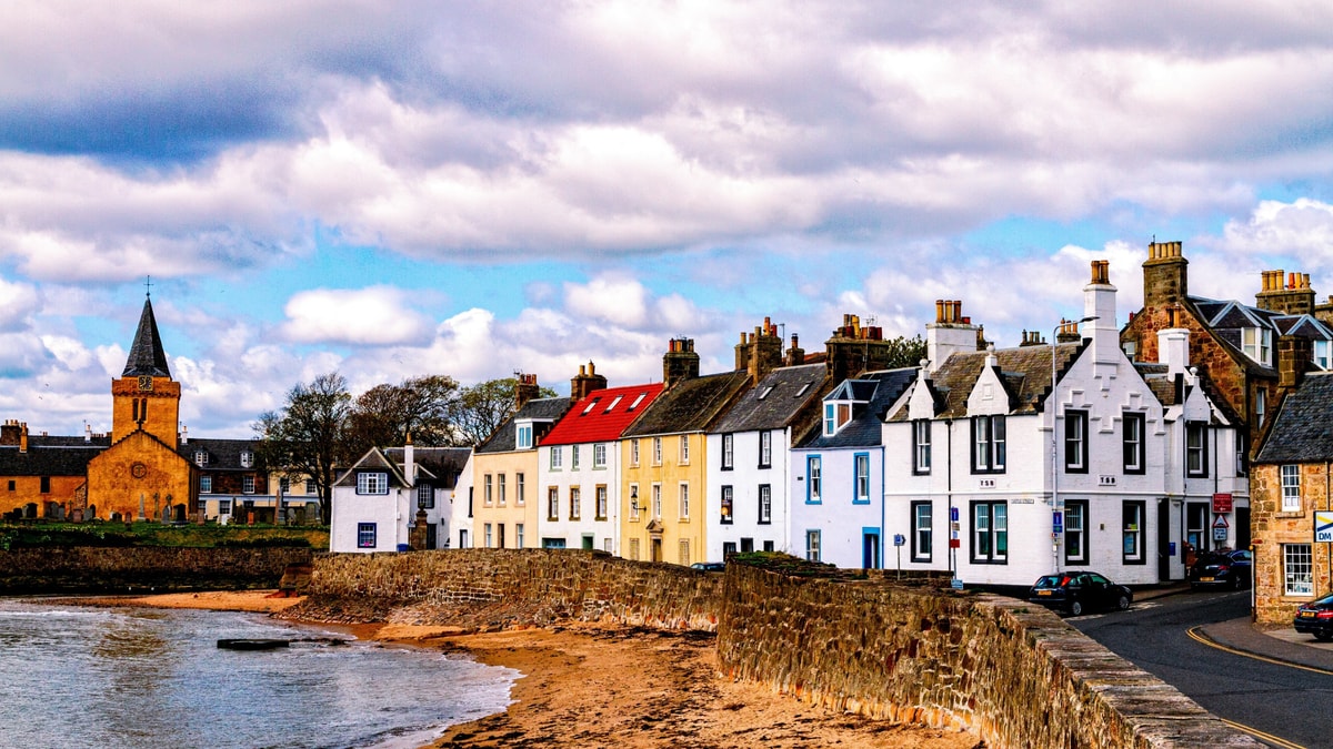 White harbour houses along the shore at Anstruther in the East Neuk of Fife